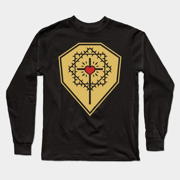 The cross of Jesus Christ with a heart framed by a crown of thorns against the background of a shield. Long Sleeve T-Shirt by Reformer